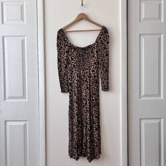 Reformation Sigmund Leopard Midi Dress Square Neck Long Sleeves Brown Size 4 - Picture 9 of 11